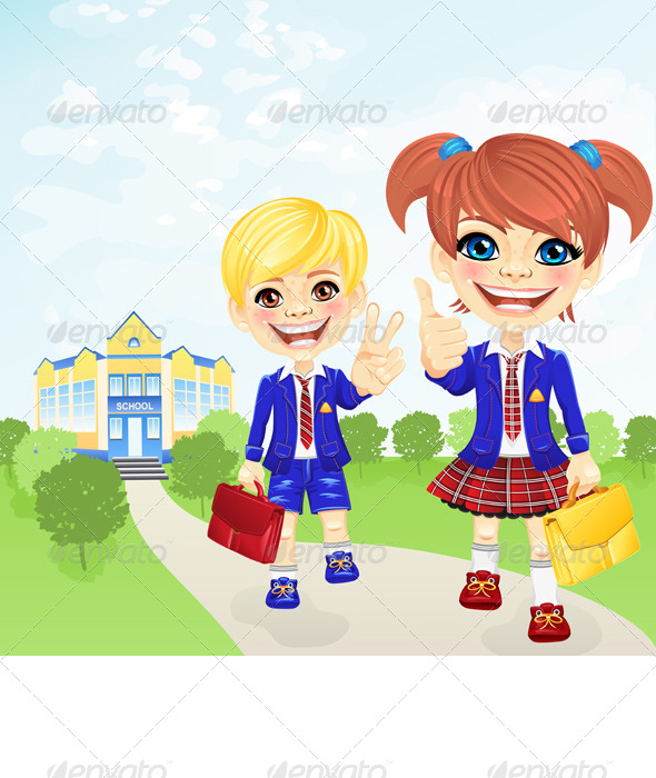 GraphicRiver Vector School Girl and Boy near School 4175138 GraphicRiver Vector School Girl and Boy near School 4175138