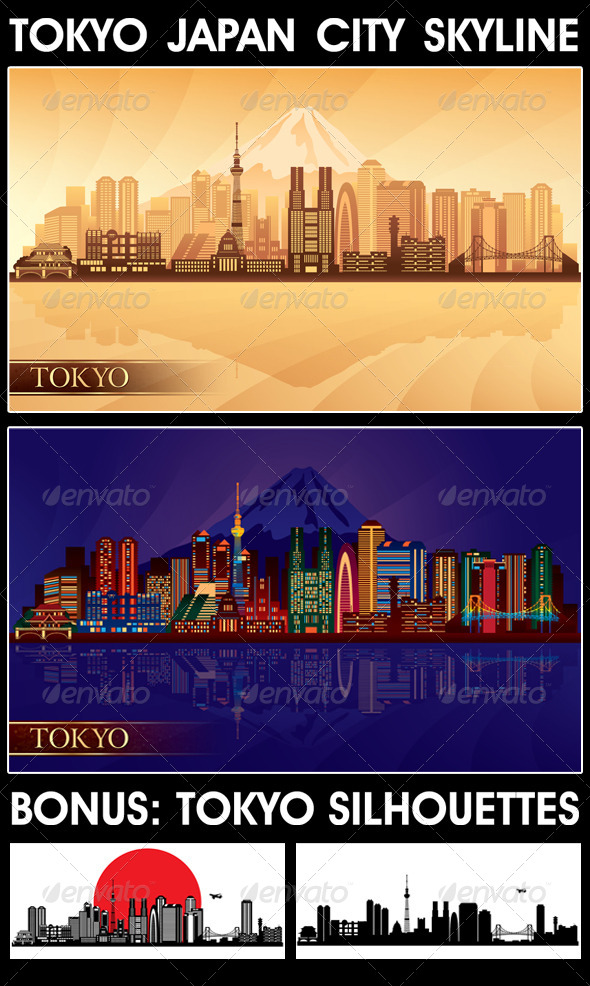 GraphicRiver Tokyo Japan City Skyline Silhouettes Set 4178922 GraphicRiver Tokyo Japan City Skyline Silhouettes Set 4178922