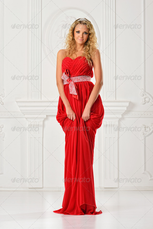 beautiful woman in red long dress. - Stock Photo - Images