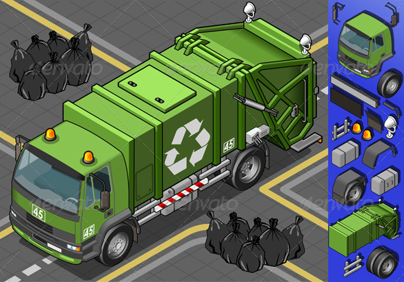 GraphicRiver Isometric Garbage Truck in Front View 4185367 GraphicRiver Isometric Garbage Truck in Front View 4185367