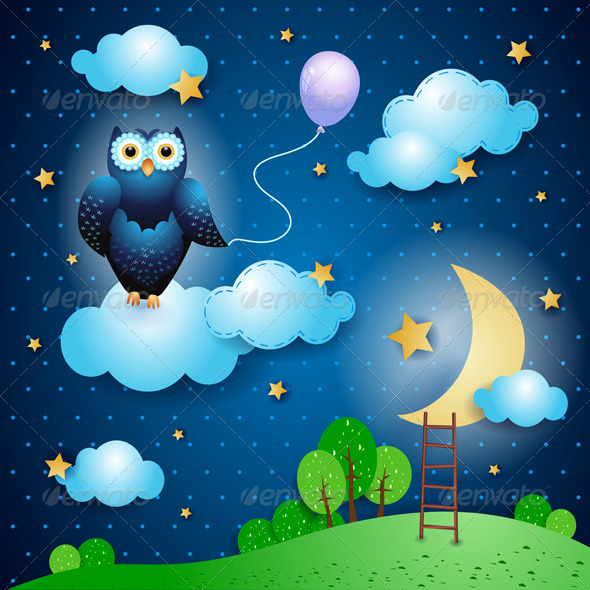 GraphicRiver Fantasy Landscape with Owl 4245631 GraphicRiver Fantasy Landscape with Owl 4245631