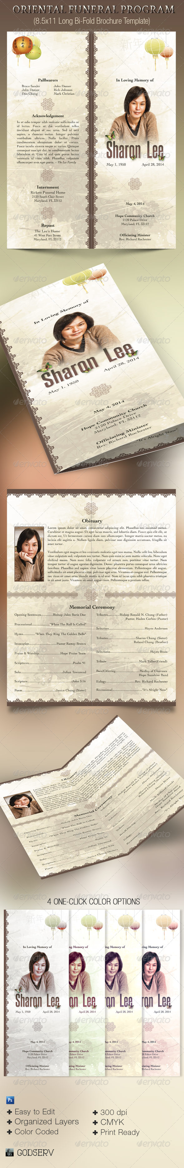 Oriental Style Bi-fold Funeral Program Template - Informational Brochures
