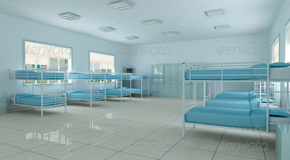 modern bedroom. youth hostel dorm room. 3D render