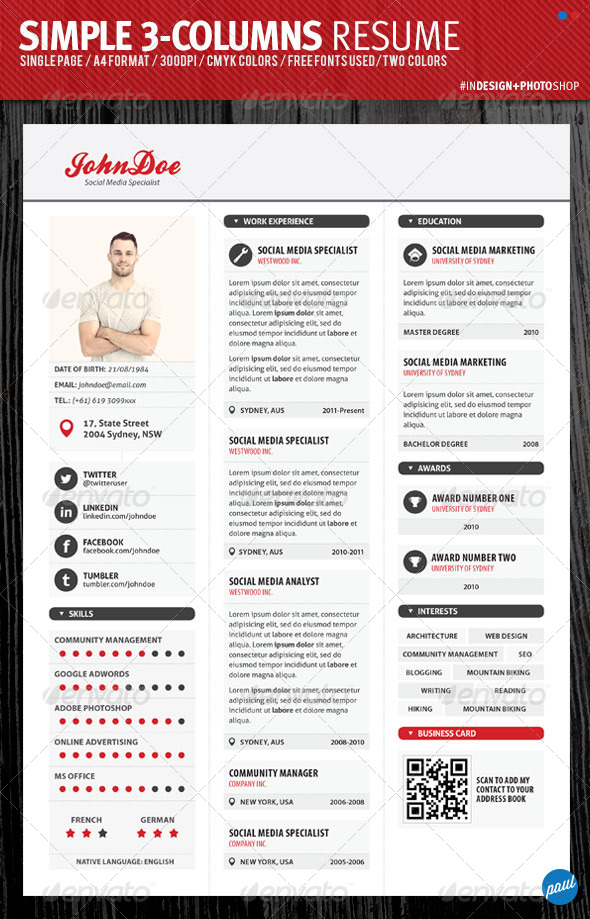 GraphicRiver Simple 3 Columns Resume 4070658 GraphicRiver Simple 3 Columns Resume 4070658