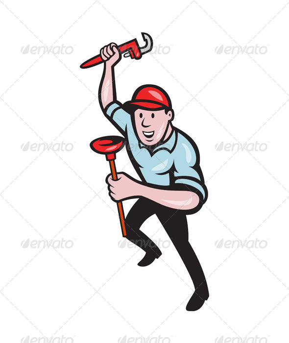 GraphicRiver Plumber With Monkey Wrench And Plunger Cartoon 4291629 GraphicRiver Plumber With Monkey Wrench And Plunger Cartoon 4291629