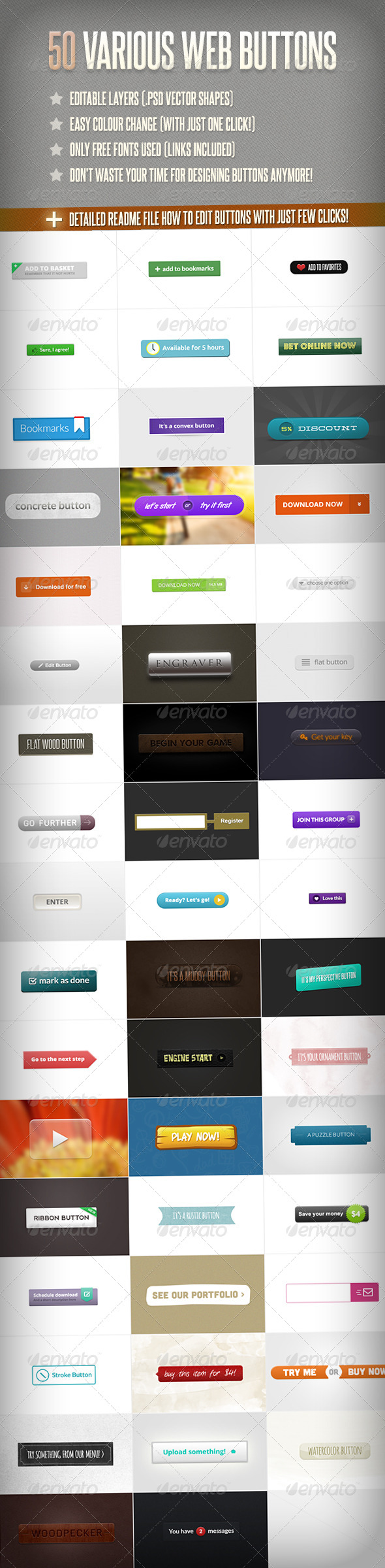 50 Various Web Buttons - Buttons Web Elements