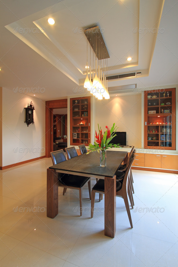 Dining room in suburban home with cream colored walls Stock Image
