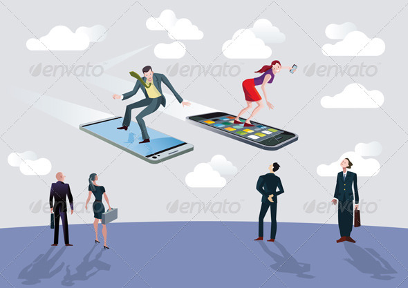 GraphicRiver Businessman Businesswoman and Flying Smartphones 4500674 GraphicRiver Businessman Businesswoman and Flying Smartphones 4500674