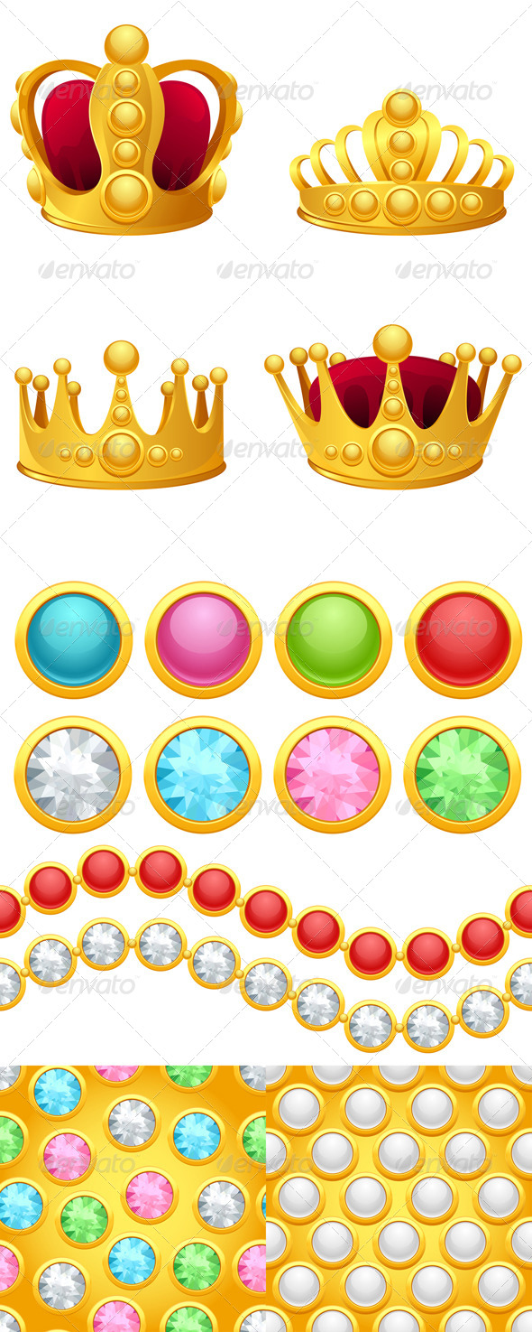 GraphicRiver Set of Gold Crowns Jewelry Buttons and Patterns 4536694 GraphicRiver Set of Gold Crowns Jewelry Buttons and Patterns 4536694