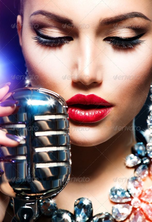 Singing Woman with Retro Microphone. Vintage Style