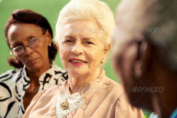 Group of elderly black and caucasian women talking in park - Stock Photo - Images