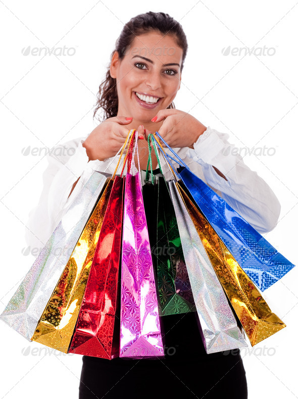 Close up of Happy Young woman with shopping bag - Stock Photo - Images