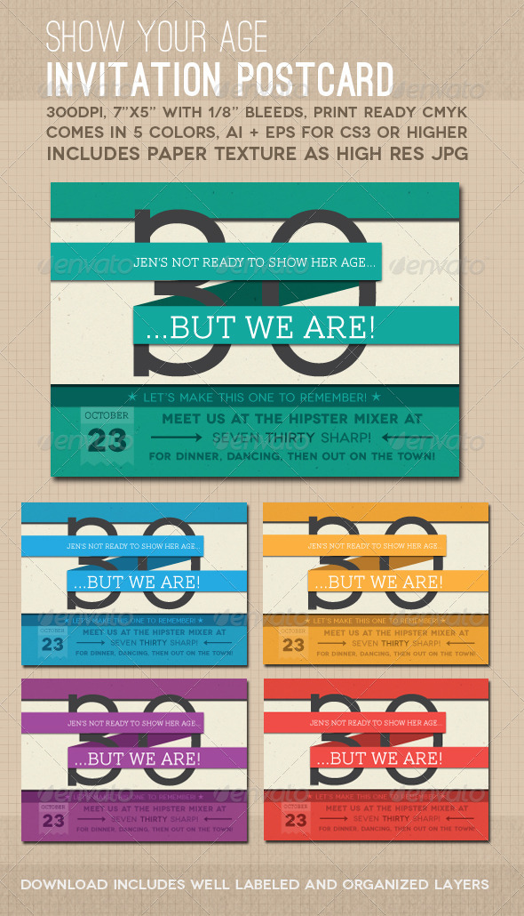 GraphicRiver Show Your Age Invitation Postcard 499379 GraphicRiver Show Your Age Invitation Postcard 499379