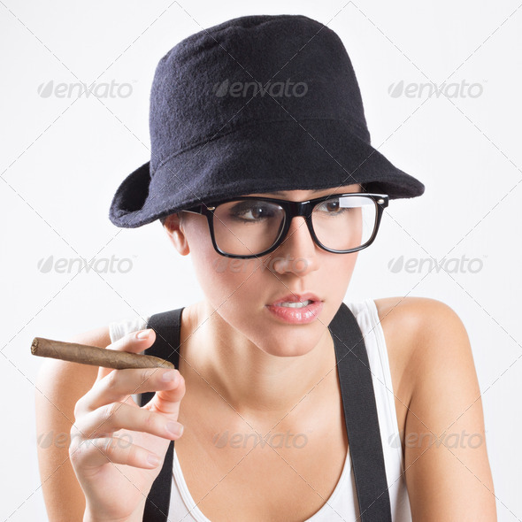 Pretty woman dressed like a retro man - Stock Photo - Images