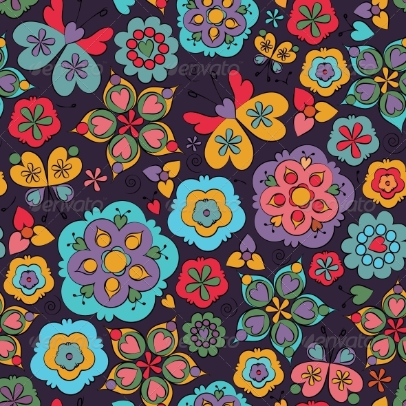 GraphicRiver Seamless Floral Cartoon Pattern with Butterflies 4879850 GraphicRiver Seamless Floral Cartoon Pattern with Butterflies 4879850