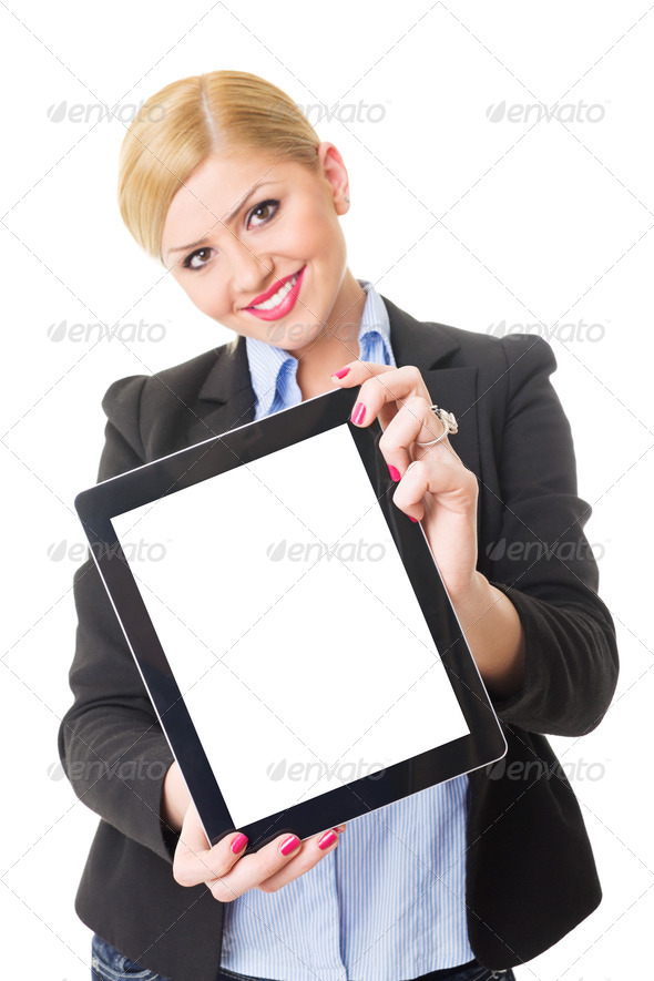 Happy young blonde businesswoman showing tablet computer screen - Stock Photo - Images