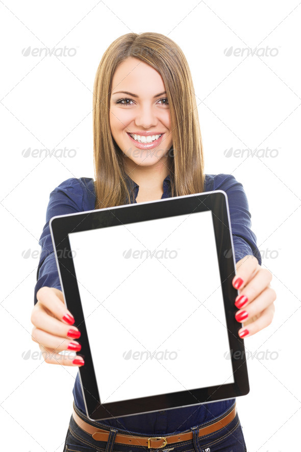 Pretty student girl showing blank tablet computer screen - Stock Photo - Images