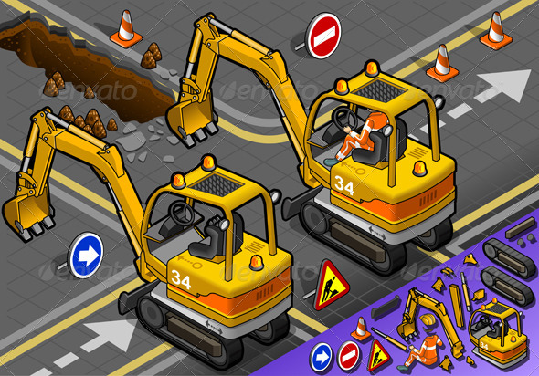 GraphicRiver Isometric Mini Excavator with Man at Work 5010962 GraphicRiver Isometric Mini Excavator with Man at Work 5010962