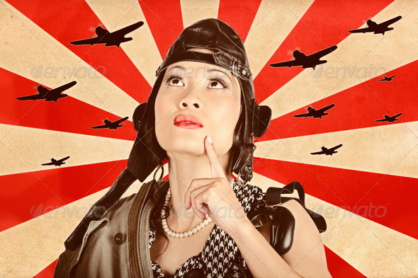 Retro asian pinup girl. War planes of revolution - Stock Photo - Images