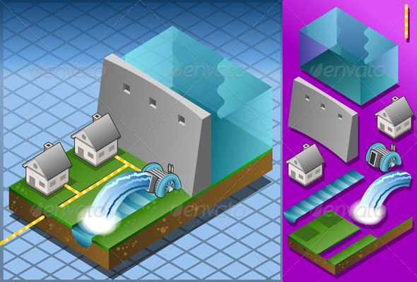GraphicRiver Isometric Houses Powered by Hydropower Watermill 5063704 GraphicRiver Isometric Houses Powered by Hydropower Watermill 5063704