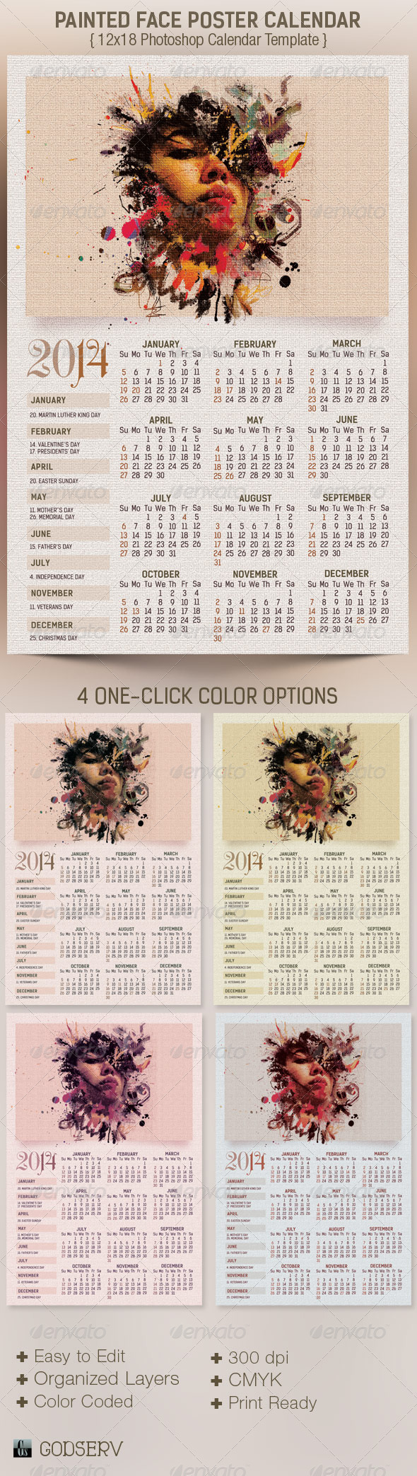 Painted Face Poster Calendar Template - Calendars Stationery