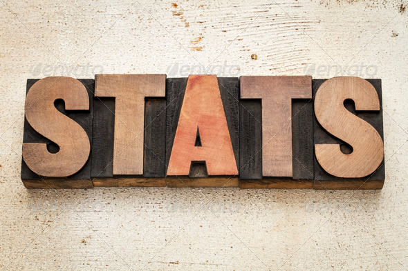 stats (statistics) word in vintage letterpress wood type on a grunge painted barn wood background