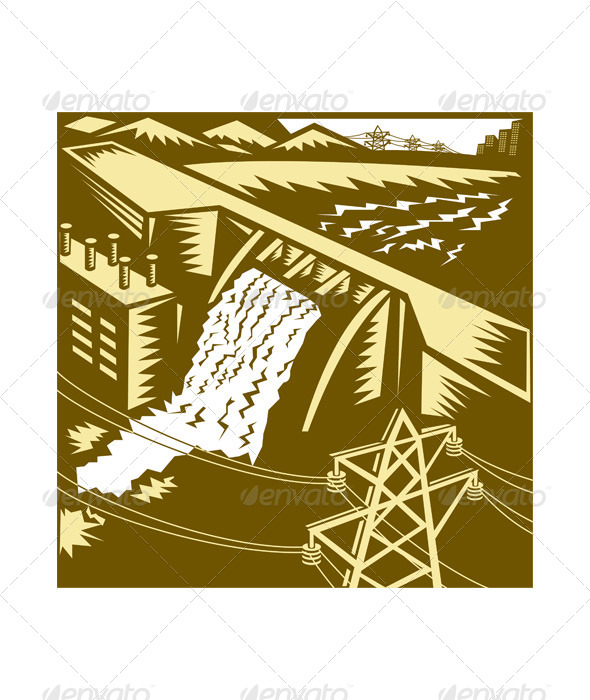 GraphicRiver Hydroelectric Hydro Energy Dam Woodcut 5161589 GraphicRiver Hydroelectric Hydro Energy Dam Woodcut 5161589