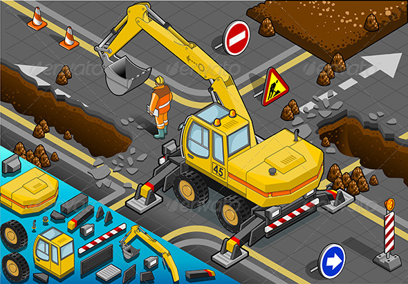 GraphicRiver Isometric Yellow Excavator with Four Arms 5222264 GraphicRiver Isometric Yellow Excavator with Four Arms 5222264