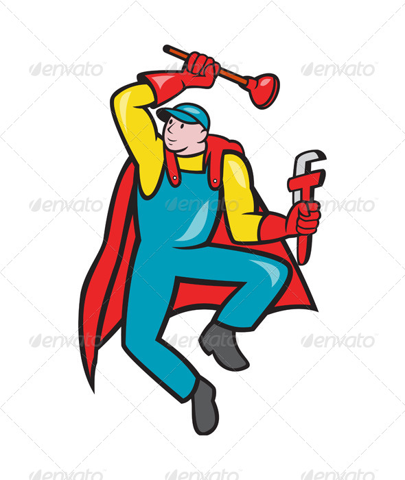 GraphicRiver Super Plumber Plunger Wrench Cartoon 5257103 GraphicRiver Super Plumber Plunger Wrench Cartoon 5257103