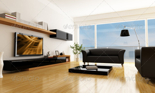 black and white living room with lcd tv -the art picture on screen is a my composition