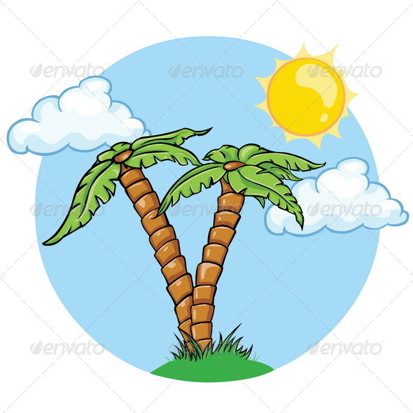 GraphicRiver Vector Two Palm Trees Sun and Clouds 5355547 GraphicRiver Vector Two Palm Trees Sun and Clouds 5355547