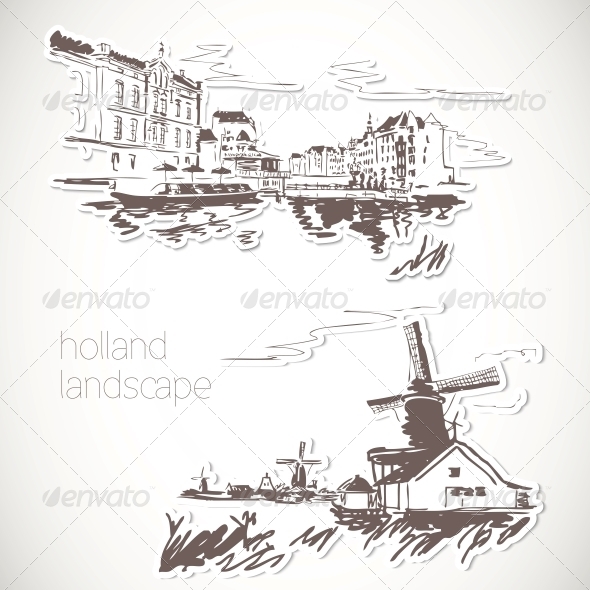 GraphicRiver Holland Hand Drawn Landscape in Vintage Style 5445348 GraphicRiver Holland Hand Drawn Landscape in Vintage Style 5445348