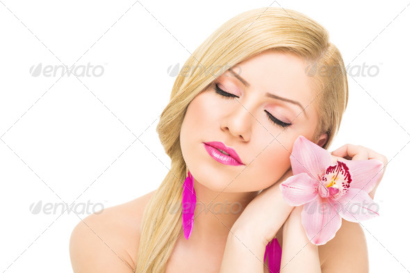 Romantic blonde with orchid - Stock Photo - Images