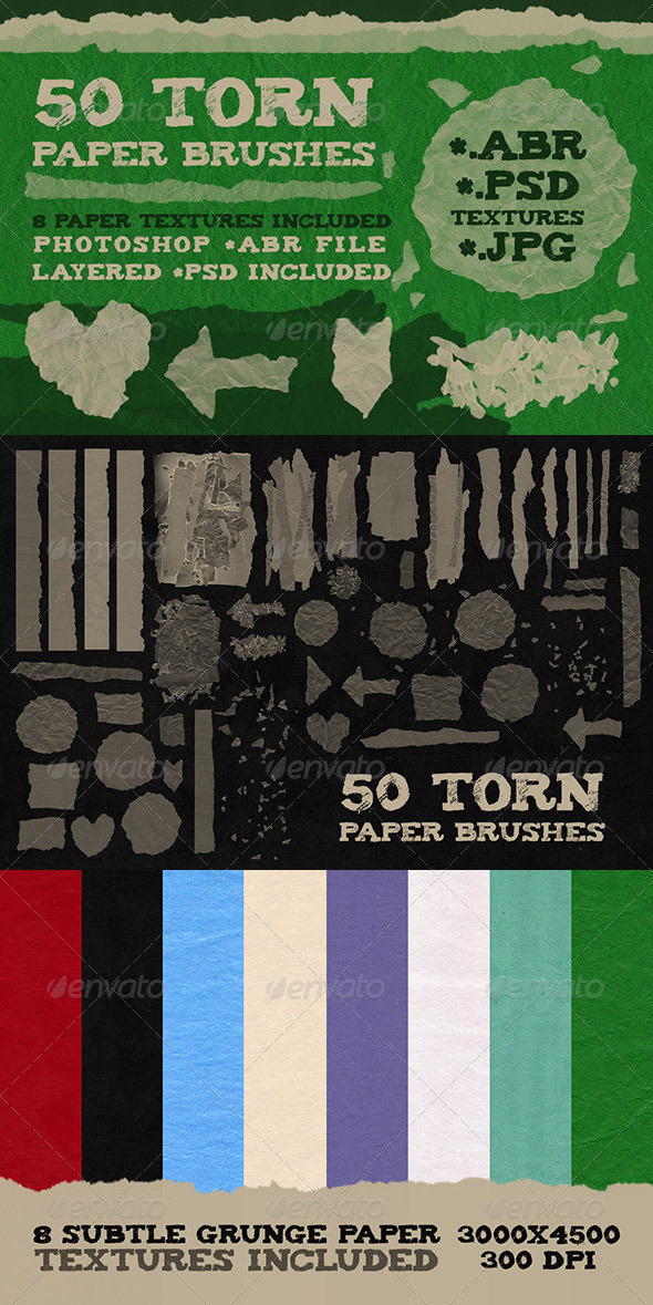 50 Torn Paper Brushes + 8 Textures - Grunge Brushes
