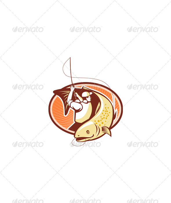 GraphicRiver Fly Fisherman Reeling Trout Retro 5473822 GraphicRiver Fly Fisherman Reeling Trout Retro 5473822