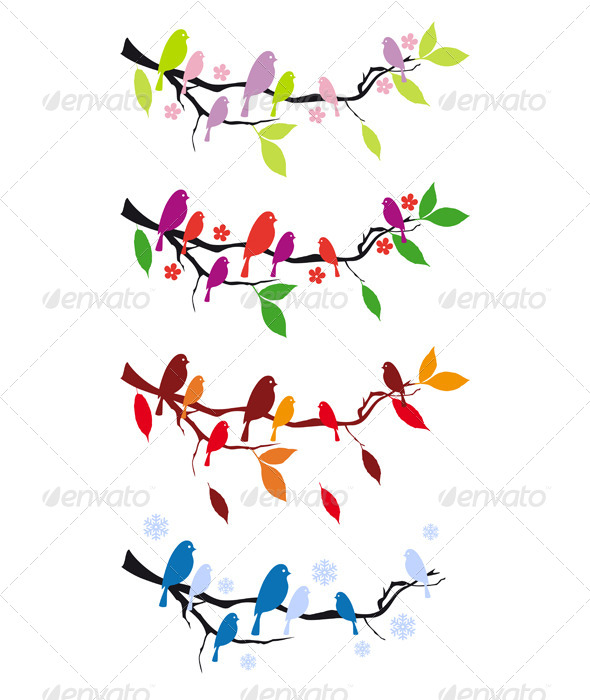 GraphicRiver Birds on Tree in Four Seasons 5515361 GraphicRiver Birds on Tree in Four Seasons 5515361
