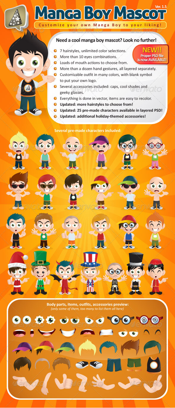 Manga Boy Mascot Creation Kit - Characters Vectors