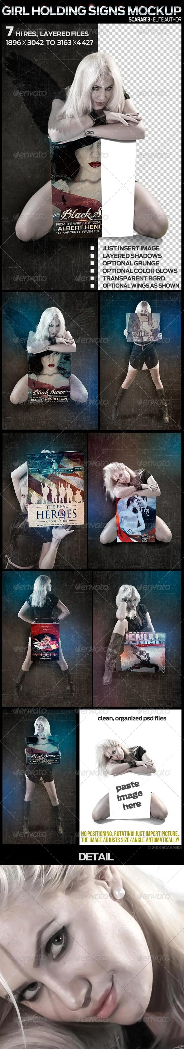 7 Mockups of a Girl holding a Sign - Signage Print