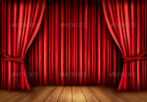 Background with Red Velvet Curtain and a Wooden Floor (Decorative)