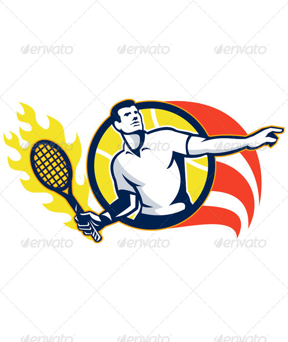 GraphicRiver Tennis Player Flaming Racquet Ball Retro 5644351 GraphicRiver Tennis Player Flaming Racquet Ball Retro 5644351