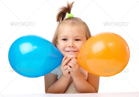 Cute Little Girl With Two Colored Balloons - Stock Photo - Images