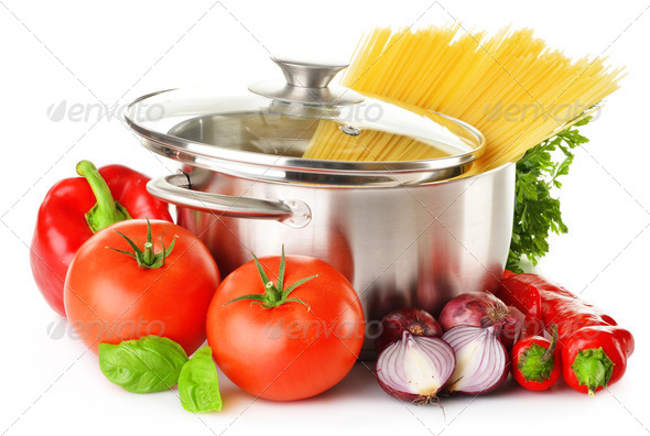 Stainless pot with spaghetti and variety of raw vegetables (Misc) Photo Download