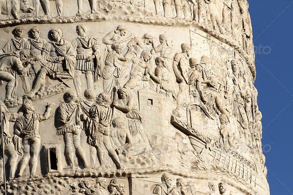beautiful high-reliefs with Romans warriors sculpted in Trajan’s column in Rome