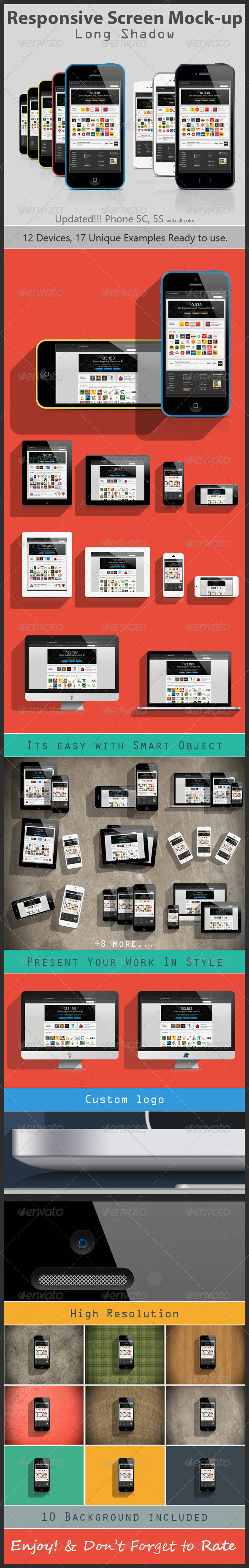 Responsive Screen Mock-up (Long Shadow) - Displays Product Mock-Ups