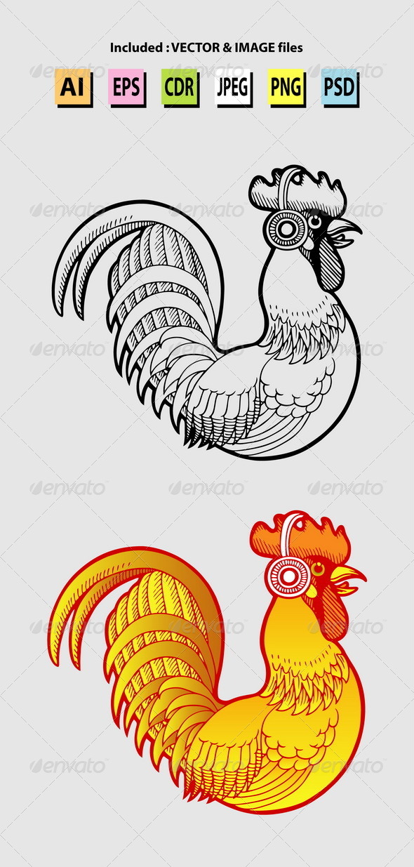 Rooster Listening Music Illustration - Animals Characters
