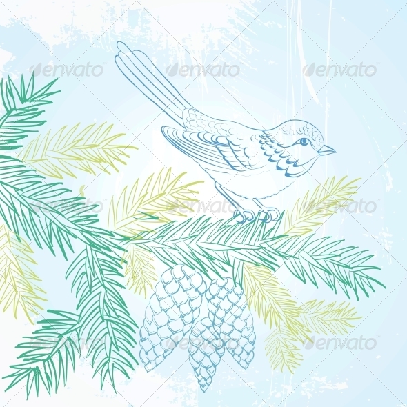 GraphicRiver Bird on Christmas Fir and Pinecone 6049711 GraphicRiver Bird on Christmas Fir and Pinecone 6049711