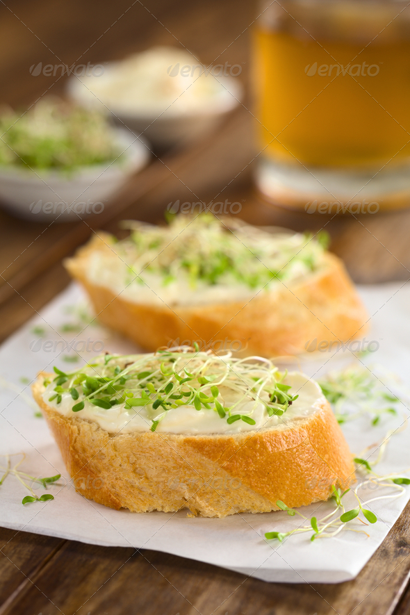 Baguette slices spread with cream cheese and sprinkled with alfalfa sprouts on sandwich paper (Selective Focus, Focus on the front of the cream cheese and sprouts on the first baguette slice)