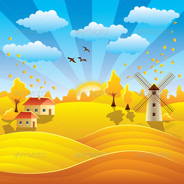 GraphicRiver Autumn Rural Landscape with Houses and Fields 6172707 GraphicRiver Autumn Rural Landscape with Houses and Fields 6172707
