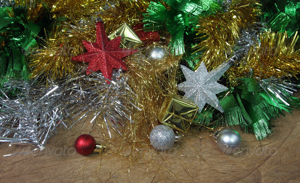 Christmas ornaments decoration on wooden background