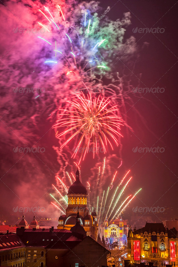 Fireworks in Cluj Napoca, Romania - Stock Photo - Images